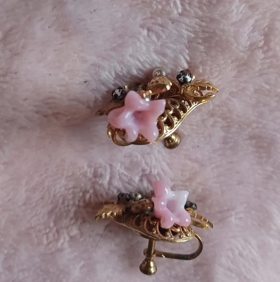 Vintage Miriam Haskell Strawberry Pink Floral Earrings - Picture 1 of 10